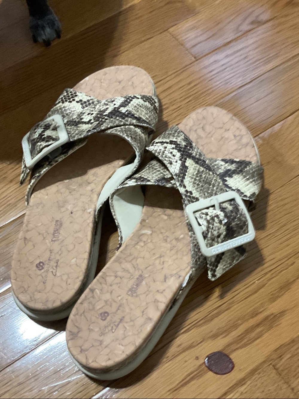 Cloudsteppers by Clarks Snake-Print Slide Sandals in Beige and Brown